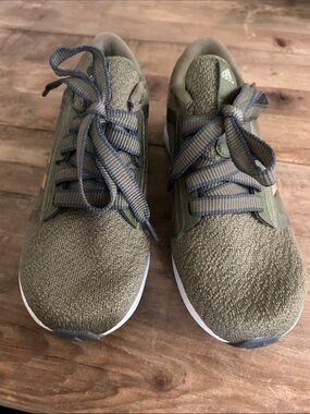 adidas women’s Olive Green Knit Athletic Sneakers with Gray Laces